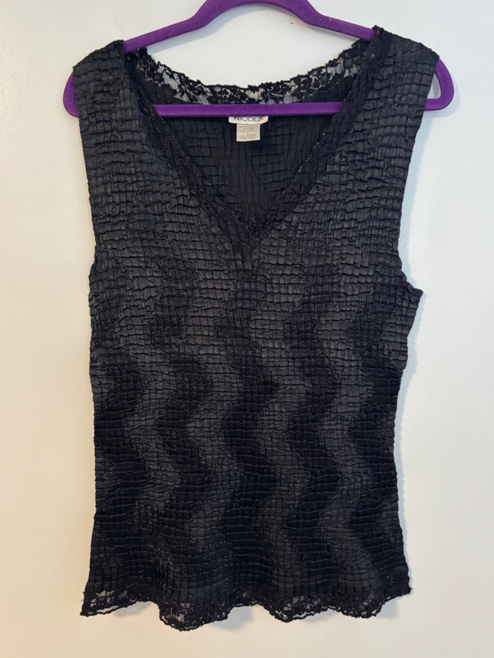 vintage Nicole Crinkle Popcorn Textured Sleeveless Black Tank Top 90s Y2K Large